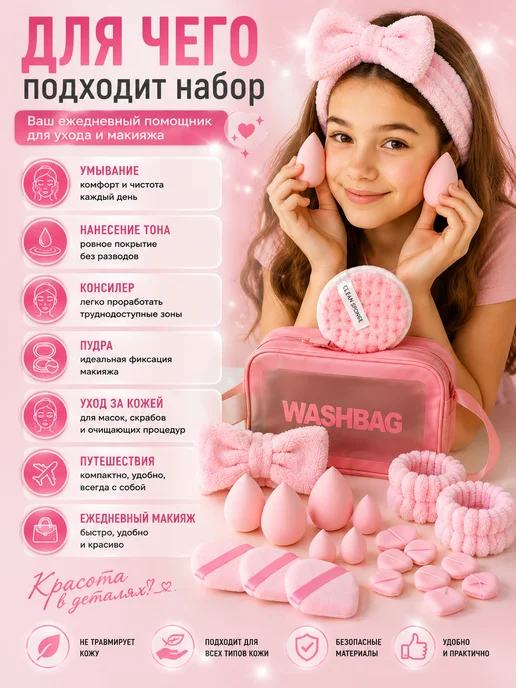 Набор для ухода за лицом со спонжами и косметичкой, 23 шт, 23 шт, фото 2