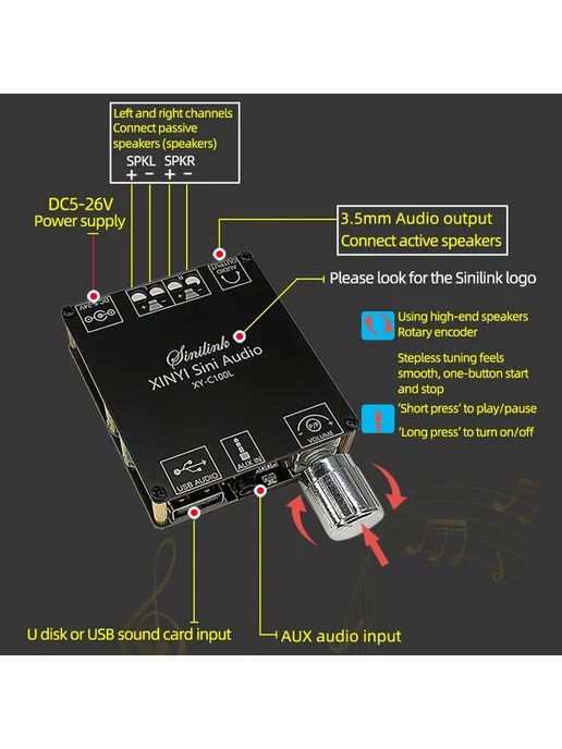 XY-C100L 2x100W усилитель на модуле с Bluetooth и пультом, 100 л, 100 Вт, фото 4