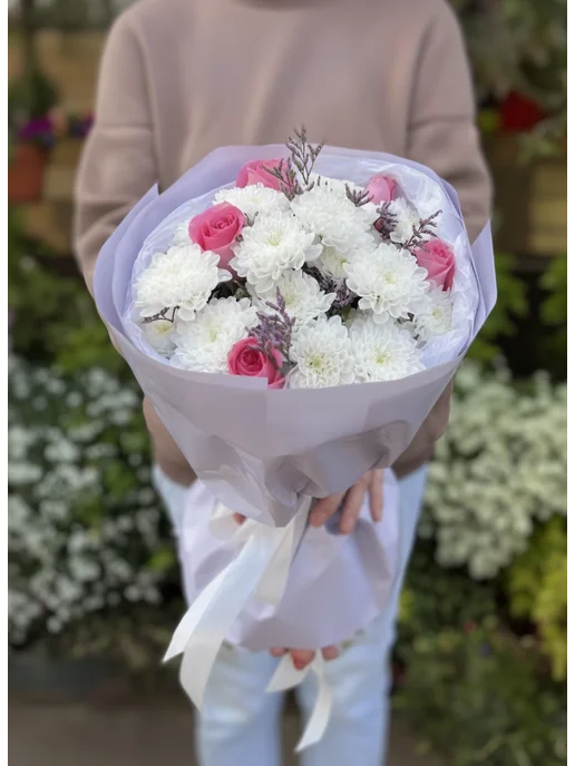 ROZA4U Букет цветов из розы, кустовой хризантемы, лимониума, белый, фото 2