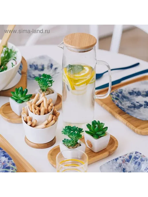 Стеклянный кувшин с бамбуковой крышкой 1,3 л, 1,3 л, фото 2