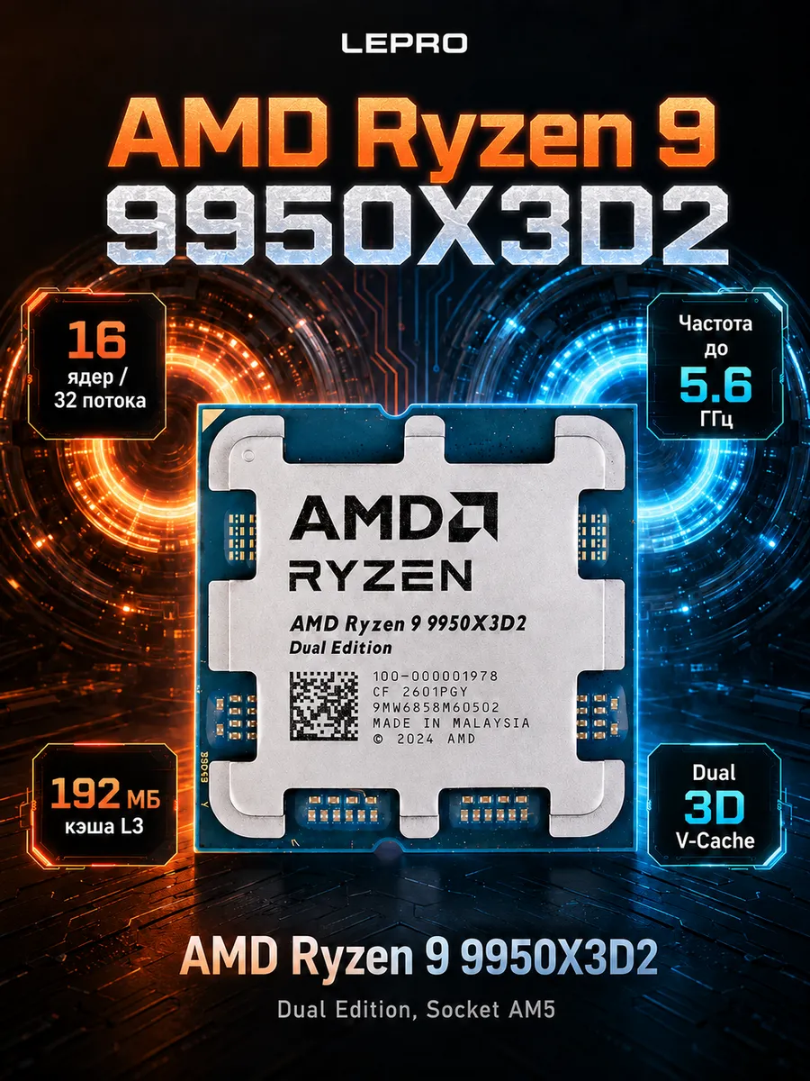 Процессор Ryzen 9 9950X3D2 5.6 ГГц 192 МБ 3D V-Cache для ПК AMD 1296198159 купить за 115 581 ₽ в интернет‑магазине Wildberries