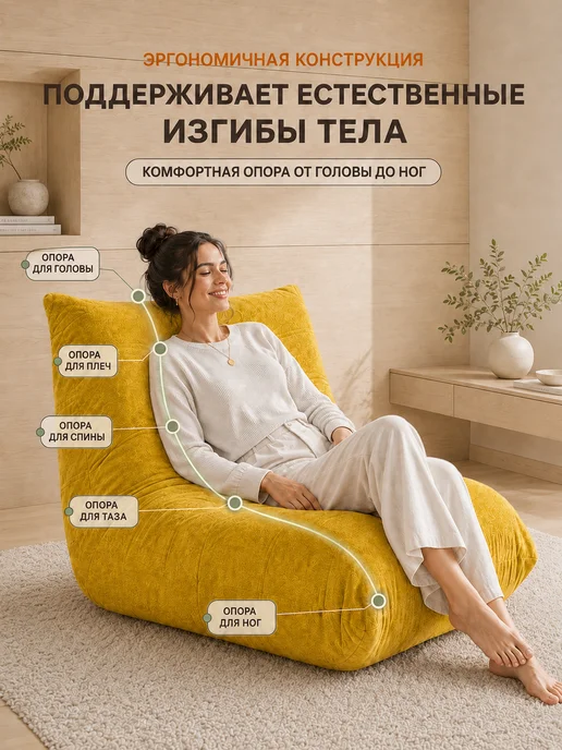 Бескаркасное кресло мешок большое велюровое взрослое, желтый, фото 3