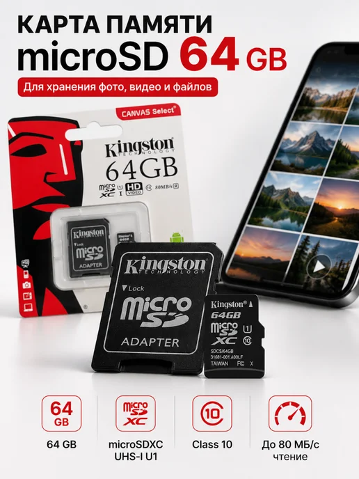 ЗУБИ18 Карта памяти 64 гб micro sd, 64 ГБ
