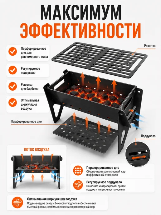 Мангал складной с решеткой для гриля разборный 45х23х18 см, 23x18 см, фото 3