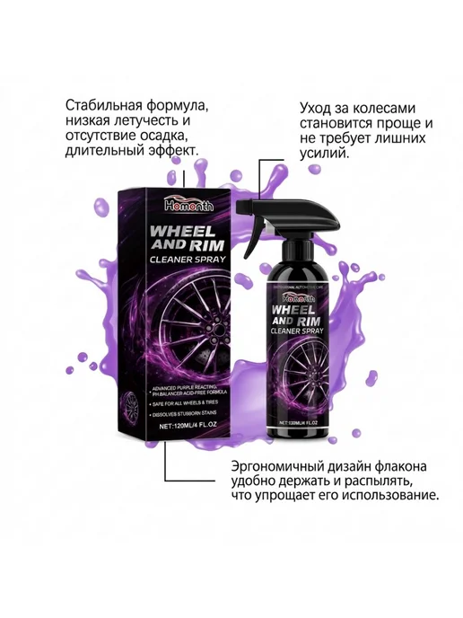 Homonth Очиститель дисков авто удаляет ржавы пятна скопившуюся грязь, 120 мл, фото 8