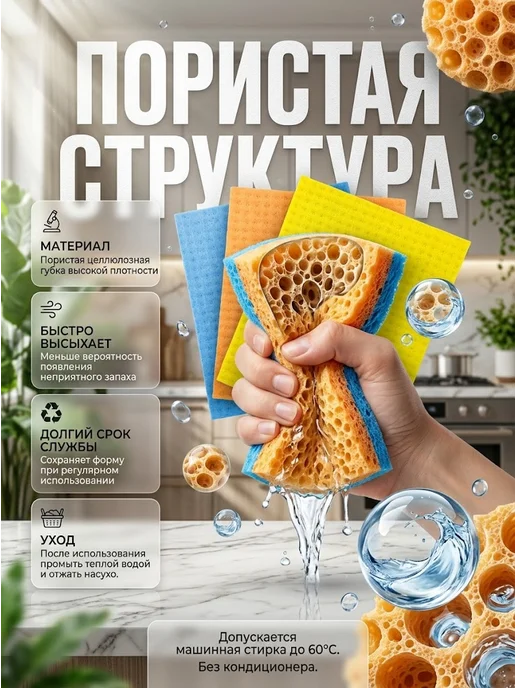 AIX4 Салфетки губчатые для кухни и уборки 3 шт, 3 шт, фото 2