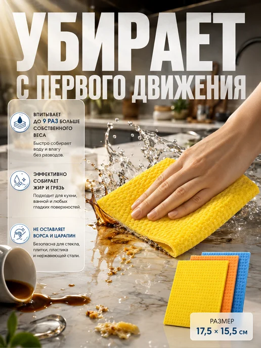 AIX4 Салфетки губчатые для кухни и уборки 3 шт, 3 шт, фото 3