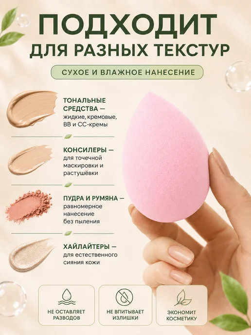 Cпонж для макияжа в форме капли набор 2 штуки, розовый, фото 3