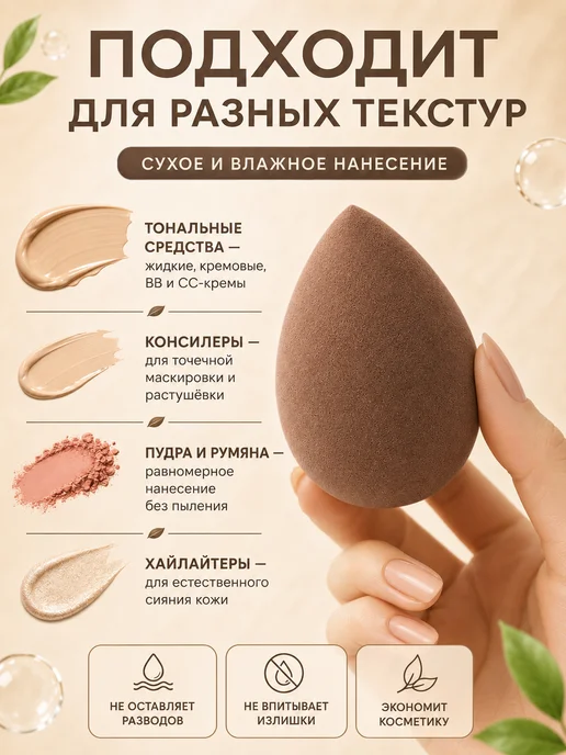 Cпонж для макияжа в форме капли набор 2 штуки, коричневый, фото 3