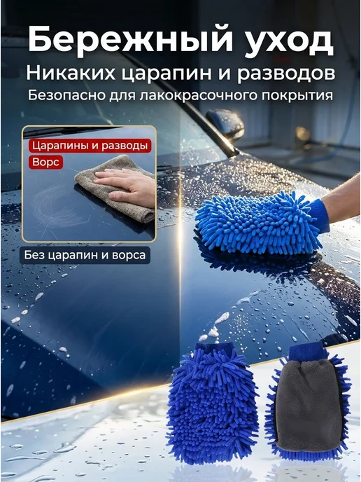 Мочалка-перчатка для авто двусторонняя, микрофибра и шенилл, синий, фото 3