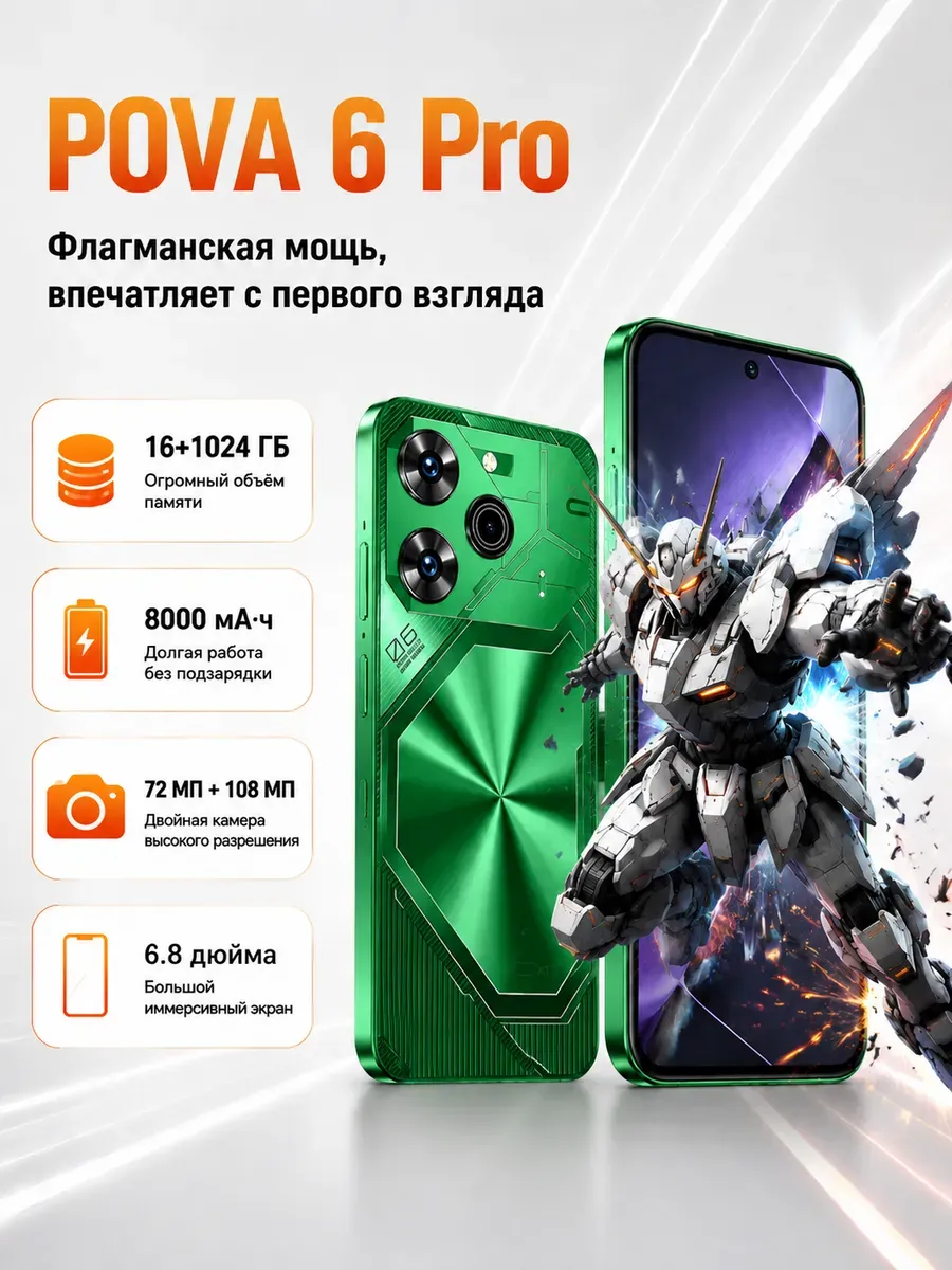 Смартфон POVA 6 Pro,16 ГБ+1024 ГБ 8000мАч TECNO 1298127753 купить за 7 828 ₽ в интернет‑магазине Wildberries