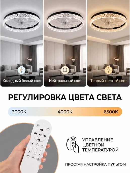 Люстра потолочная светодиодная с вентилятором, черный, фото 2