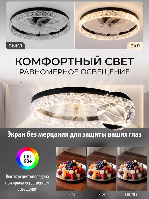 Люстра потолочная светодиодная с вентилятором, черный, фото 6
