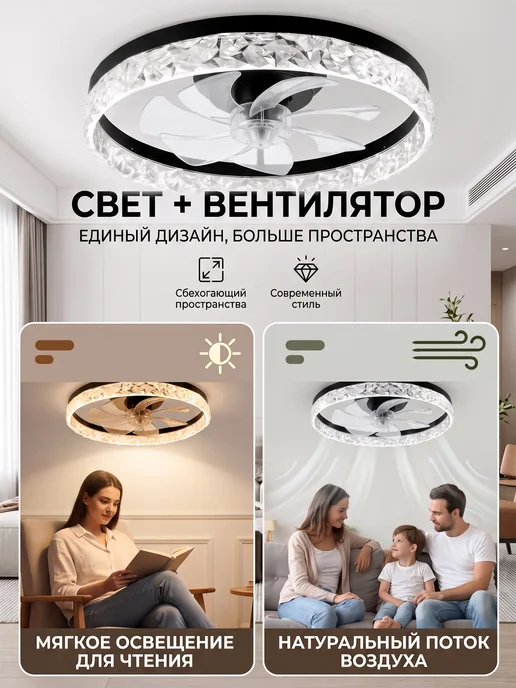 Люстра потолочная светодиодная с вентилятором, черный, фото 7