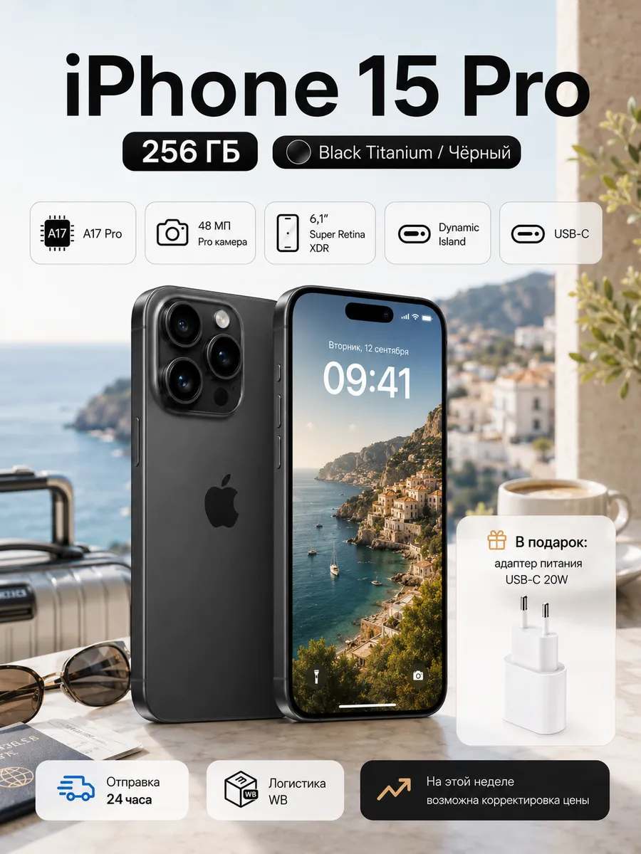 iPhone 15 Pro 256GB черный титан смартфон Apple 1300290621 купить за 66 198 ₽ в интернет‑магазине Wildberries