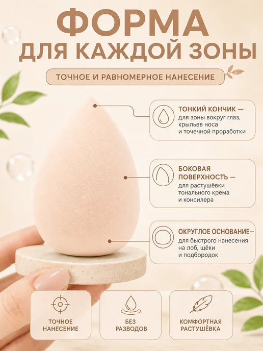 Спонж для макияжа в форме капли набор 2 штуки, бежевый, фото 2
