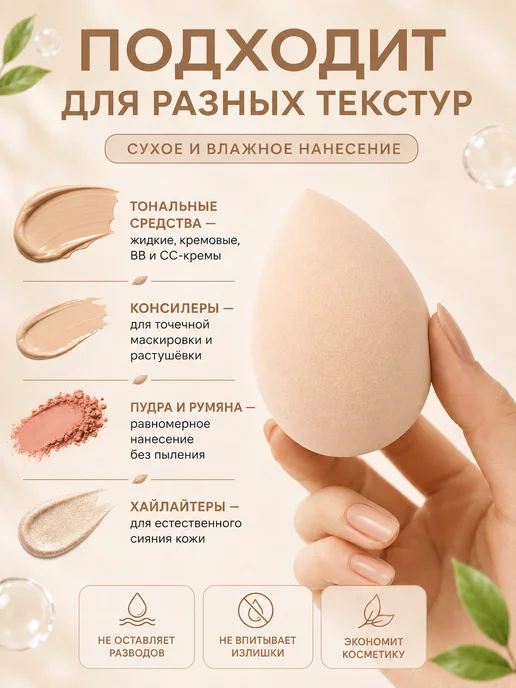 Спонж для макияжа в форме капли набор 2 штуки, бежевый, фото 3