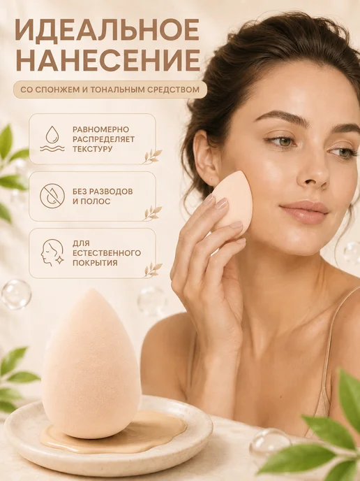 Спонж для макияжа в форме капли набор 2 штуки, бежевый, фото 5