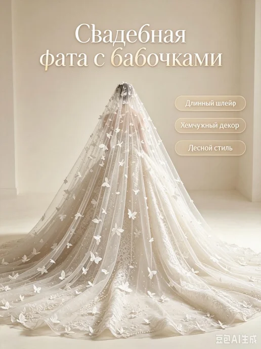 Фата бабочка жемчуг, длинный шлейф для невесты1.5*1.5m, белый