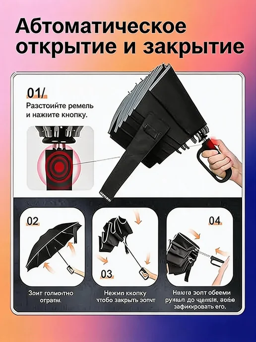 Зонт автомат антиветер обратного сложения с карабином 10спиц, белый, фото 8