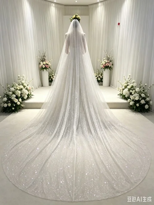Длинная фата кремовая, кружево с пайетками70*150cm, розовый, фото 2