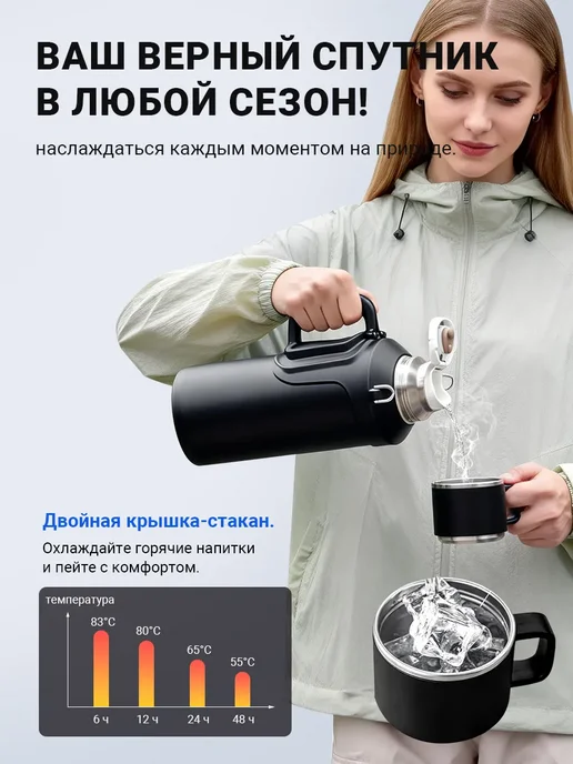Термос стальной 2 л с подогревом туристический для чая, 2 л, фото 6