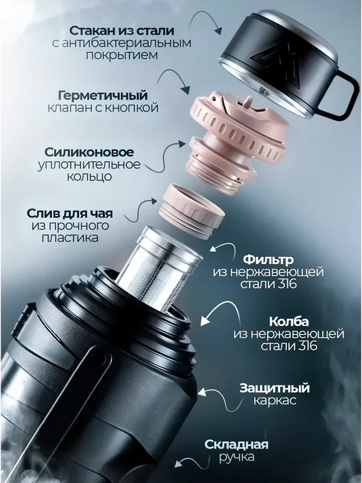 Термос 1,2 литра для чая и кофе с ситечком и кружкой, черный, фото 2