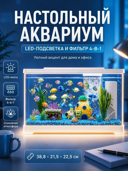 Акваника Готовый комплект аквариум для рыб с подсветкой фильтром, 14 л