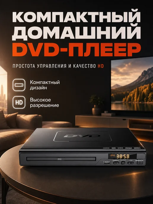 DVD‑плеер для телевизора с поддержкой флешки, черный, черный
