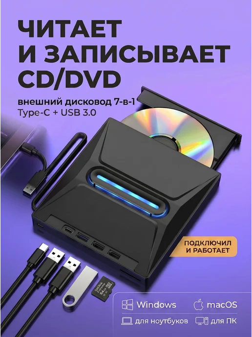 Внешний дисковод 7-в-1 с записью CD DVD-RW привод для ноутбу, вариант