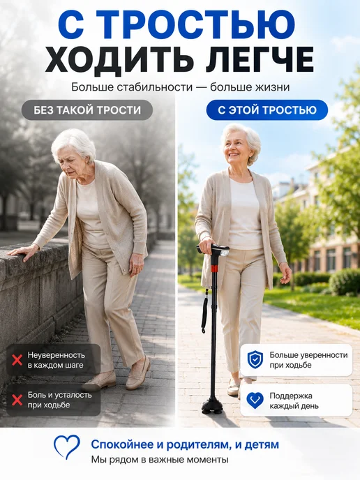 Трость для пожилых с фонариком подарок родителям, черный, фото 4