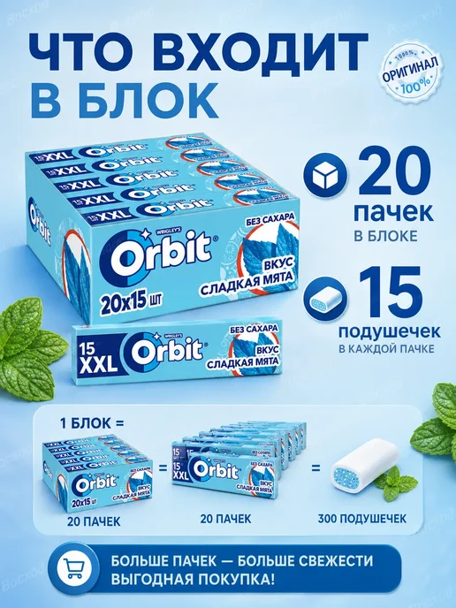 Жевательная резинка Orbit XXL Сладкая Мята 20шт 20,4г 1блок, 20 шт, 20,4 г, фото 2