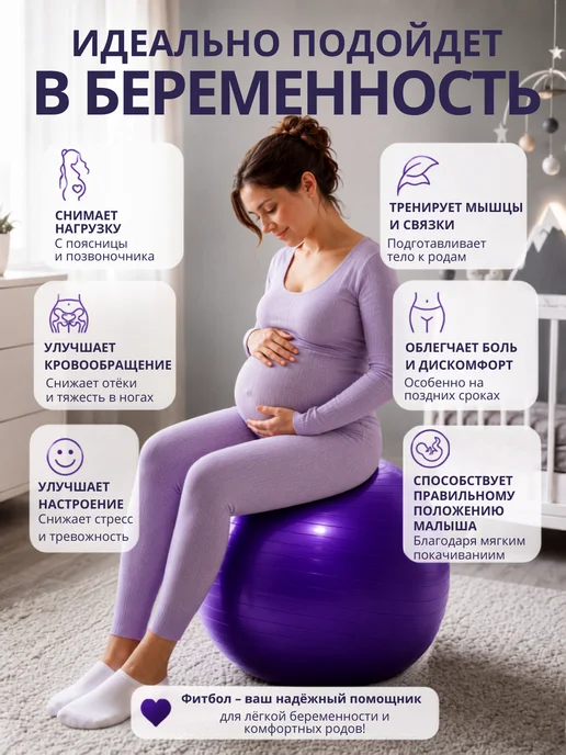 Фитбол 55 см с насосом для детей и взрослых, фиолетовый, фото 2