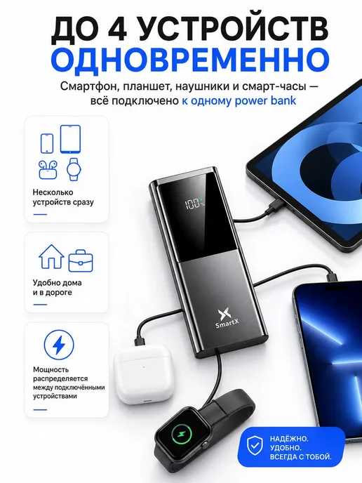 SmartX Внешний аккумулятор 30000 мАч с быстрой зарядкой, 30000 мАч, фото 3