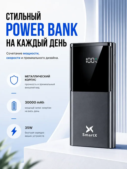 SmartX Внешний аккумулятор 30000 мАч с быстрой зарядкой, 30000 мАч, фото 7