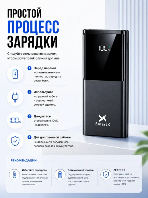 SmartX Внешний аккумулятор 30000 мАч с быстрой зарядкой, 30000 мАч, фото 8
