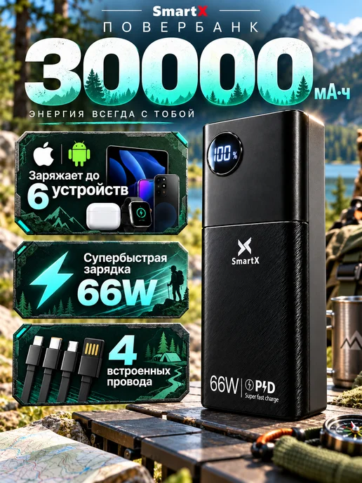 SmartX Внешний аккумулятор 30000 мАч со встроенными кабелями, 30000 мАч