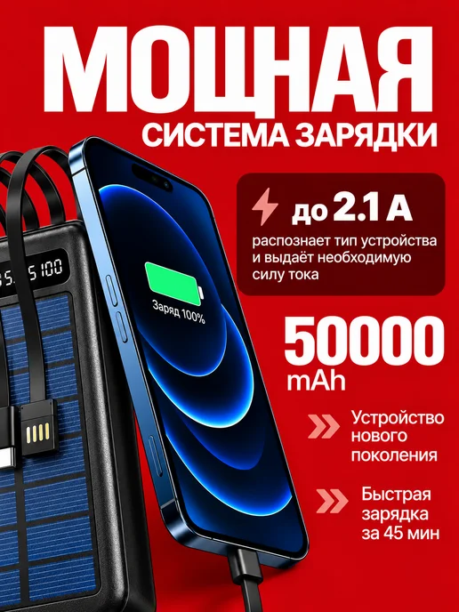 SmartX Внешний аккумулятор 50000 мАч с солнечной панелью Power Bank, 50000 мАч, фото 3