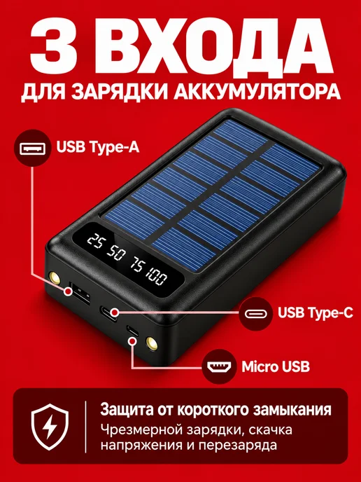 SmartX Внешний аккумулятор 50000 мАч с солнечной панелью Power Bank, 50000 мАч, фото 8