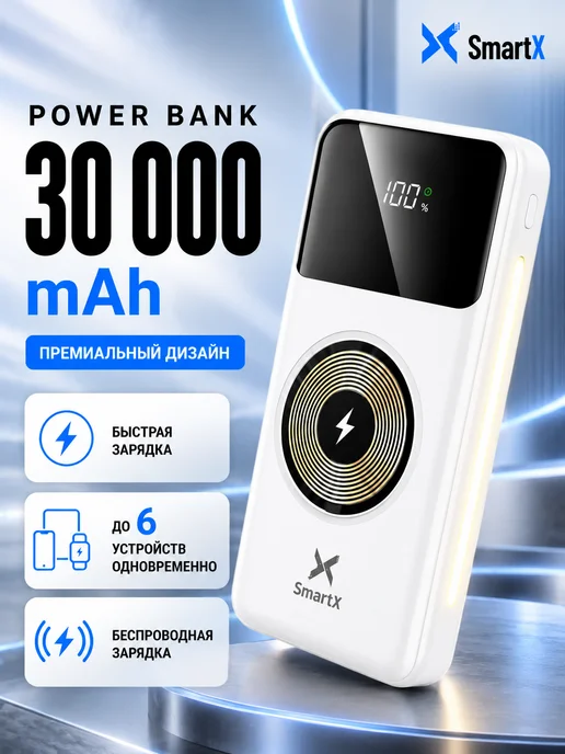 SmartX Внешний аккумулятор 30000 мАч с беспроводной зарядкой, 30000 мАч