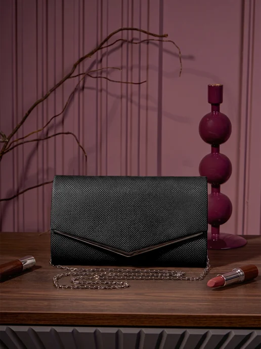 Bella Borsa Клатч вечерний черный с цепочкой на плечо свадебный, черный