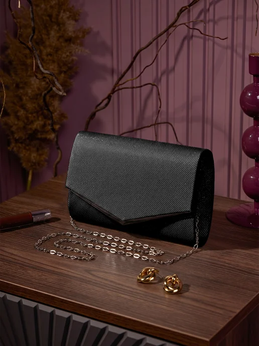 Bella Borsa Клатч вечерний черный с цепочкой на плечо свадебный, черный, фото 2