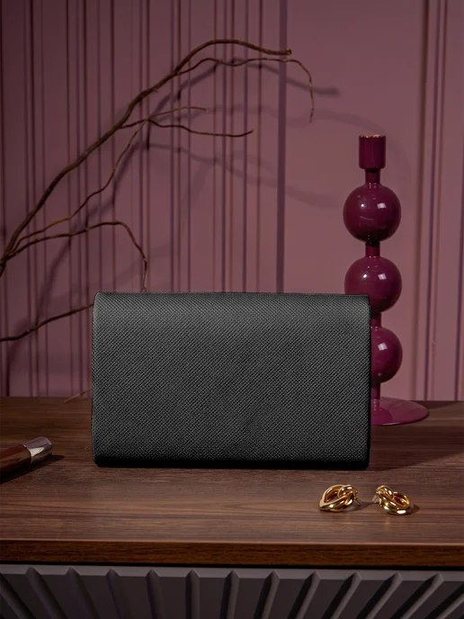 Bella Borsa Клатч вечерний черный с цепочкой на плечо свадебный, черный, фото 3