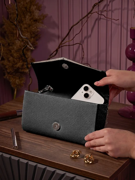 Bella Borsa Клатч вечерний черный с цепочкой на плечо свадебный, черный, фото 4