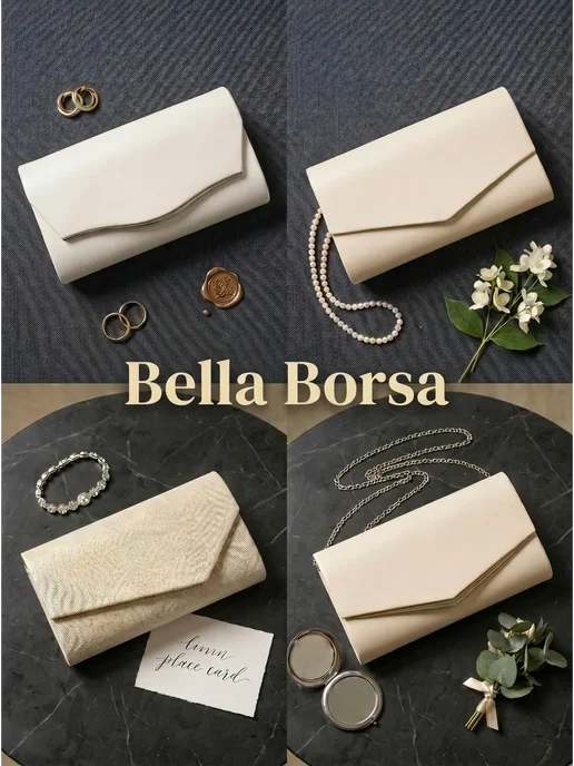 Bella Borsa Клатч вечерний черный с цепочкой на плечо свадебный, черный, фото 5