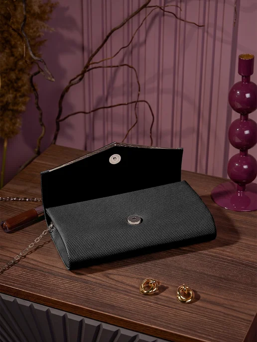 Bella Borsa Клатч вечерний черный с цепочкой на плечо свадебный, черный, фото 7