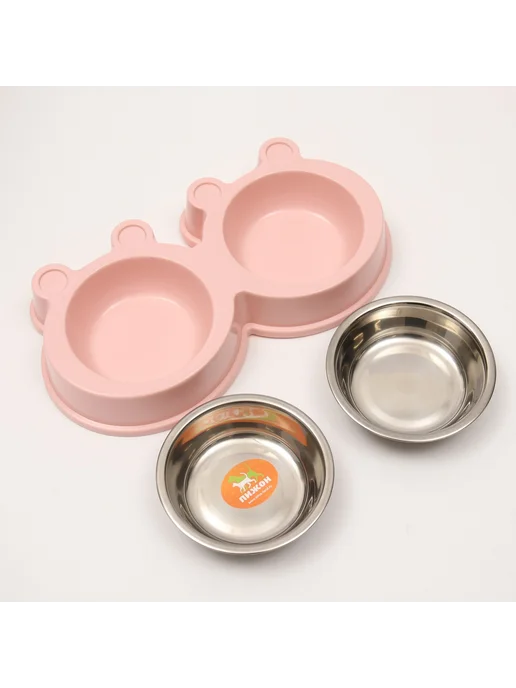 Металлическая двойная миска для животных розовая 27.8х15.5 с, 27.8x15.5, фото 5