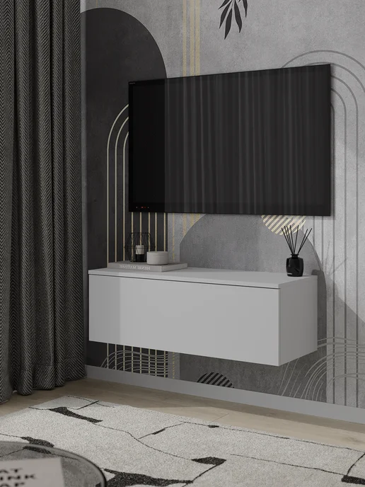 Тумба ТВ с ящиком push-pull светло-серая 90х35х30 см, 90x35x30 см, фото 2