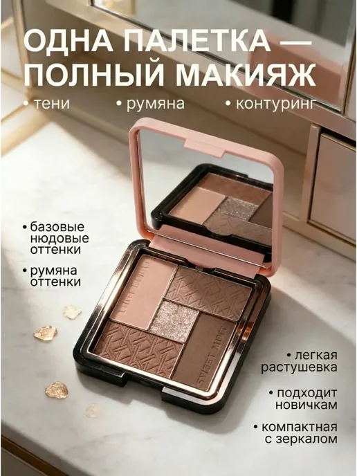 Универсальная палетка теней 5 цветов с румянами и контуринго…