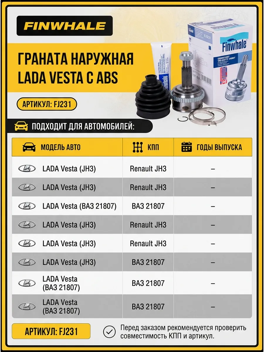 Шрус наруж (Граната) Лада Веста с АБС (КПП Renault JH3/ВАЗ 21807) Finwhale (10шт)